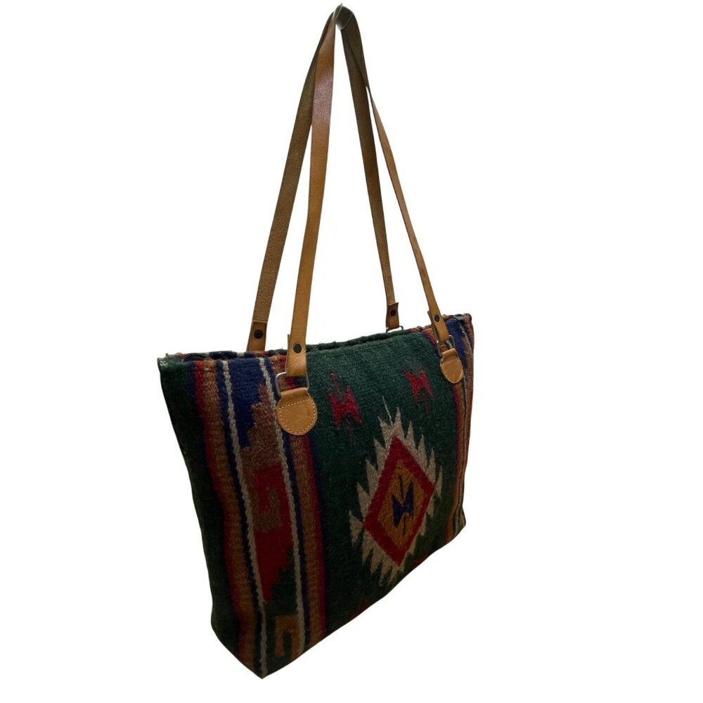 Handcrafted Women’s Green Woven Southwestern Boho With Leather Straps Tote Bag - Picture 2 of 8